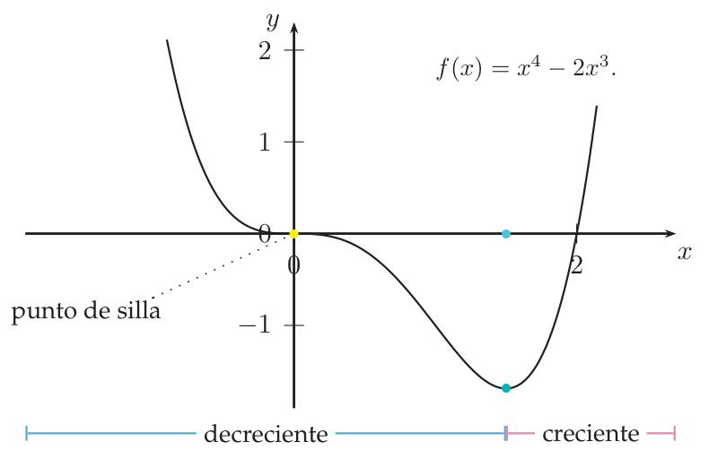 Gráfica de x^4 - 2x^3: decreciente hasta x=3/2, mínimo ahí, creciente después, con un punto de silla en el origen