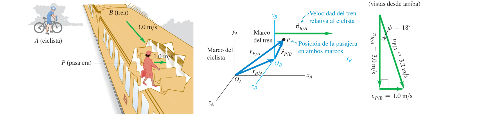 Figura 3.34 de U: una pasajera camina a 1.0 m/s a lo ancho de un vagón que se mueve a 3.0 m/s; el diagrama vectorial (panel c) suma ambas velocidades en ángulo recto y da una velocidad relativa al suelo de 3.2 m/s a 18° del movimiento del tren.