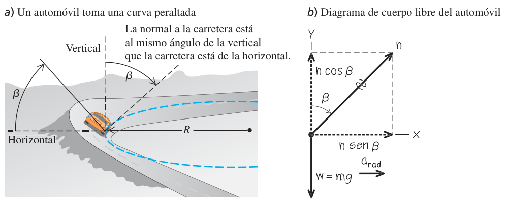 Figura 5.34 de U: a) un automóvil toma una curva peraltada, con el ángulo beta de la calzada con la horizontal igual al de la normal con la vertical; b) diagrama de cuerpo libre con la normal n inclinada beta respecto a la vertical, sus componentes n cos beta y n sen beta, el peso mg y la aceleración radial.